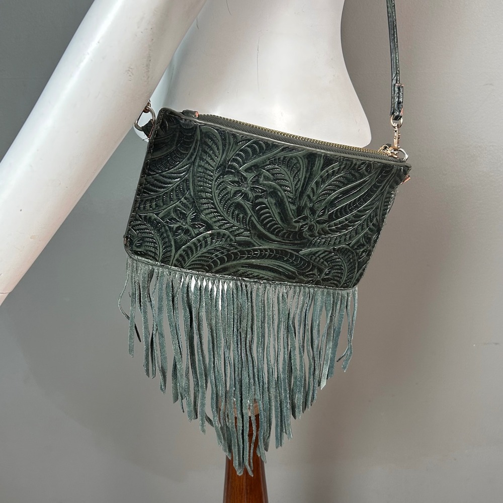 Western Festival Fall Crossbody Bag Floral Tooled Fringe Earthy Dark Fairy
